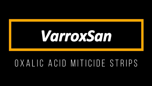 VarroxSan oxalic acid miticide strips logo with bold white text on a black background framed by an orange border