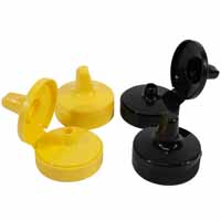 Two sets of Tab Top Lids for bottles. There are two different colors, yellow and black. They feature spout top that you can pop open.